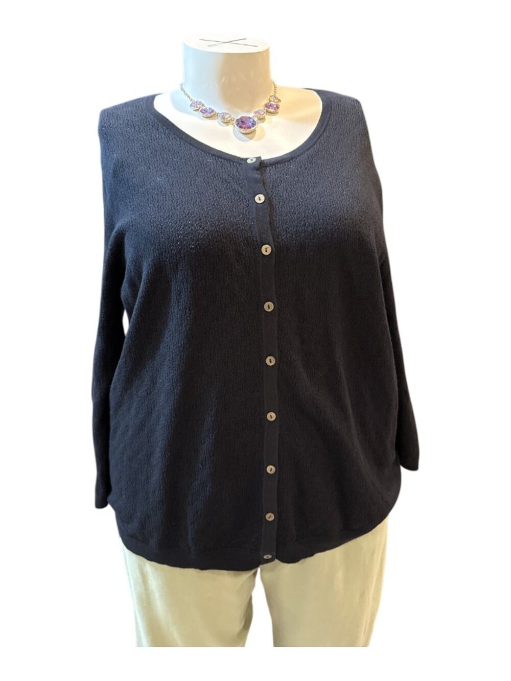 Talbots Sz 3X Black Pima Cotton Pinpoint Button-Up Long Slv Round Neck Cardigan